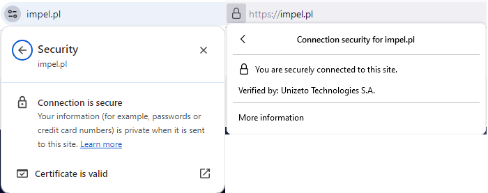 Trust and visibility attributes of verified organizational data in OV certificates in Chrome (left) and Mozilla Firefox (right).